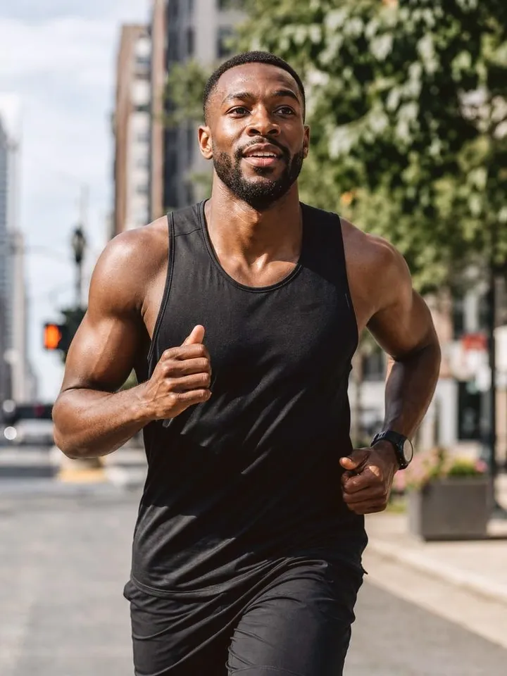 Man running on a city street in morning light