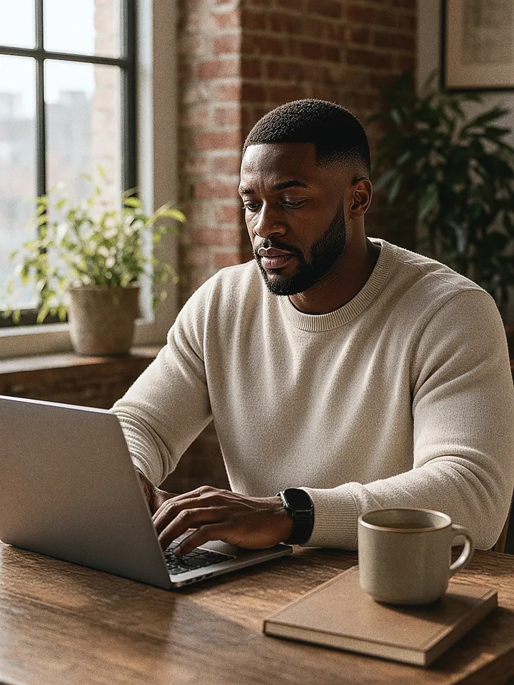 Man working at a laptop by a window