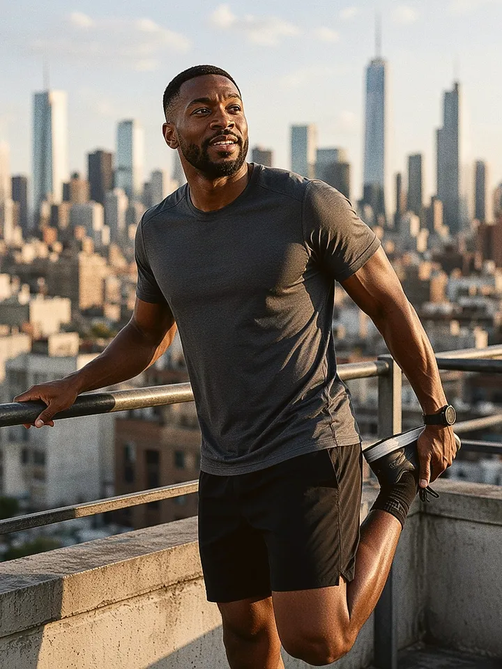 Man stretching on a rooftop with the city skyline behind him