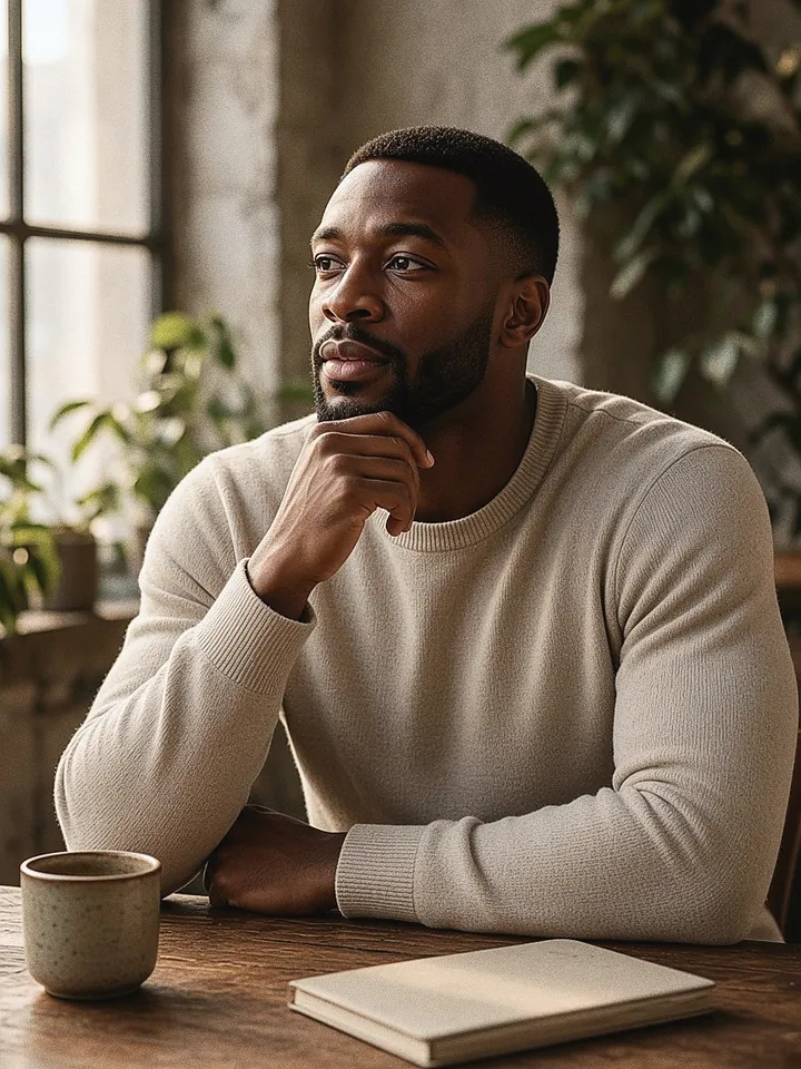 Man sitting at a table with a cup of coffee