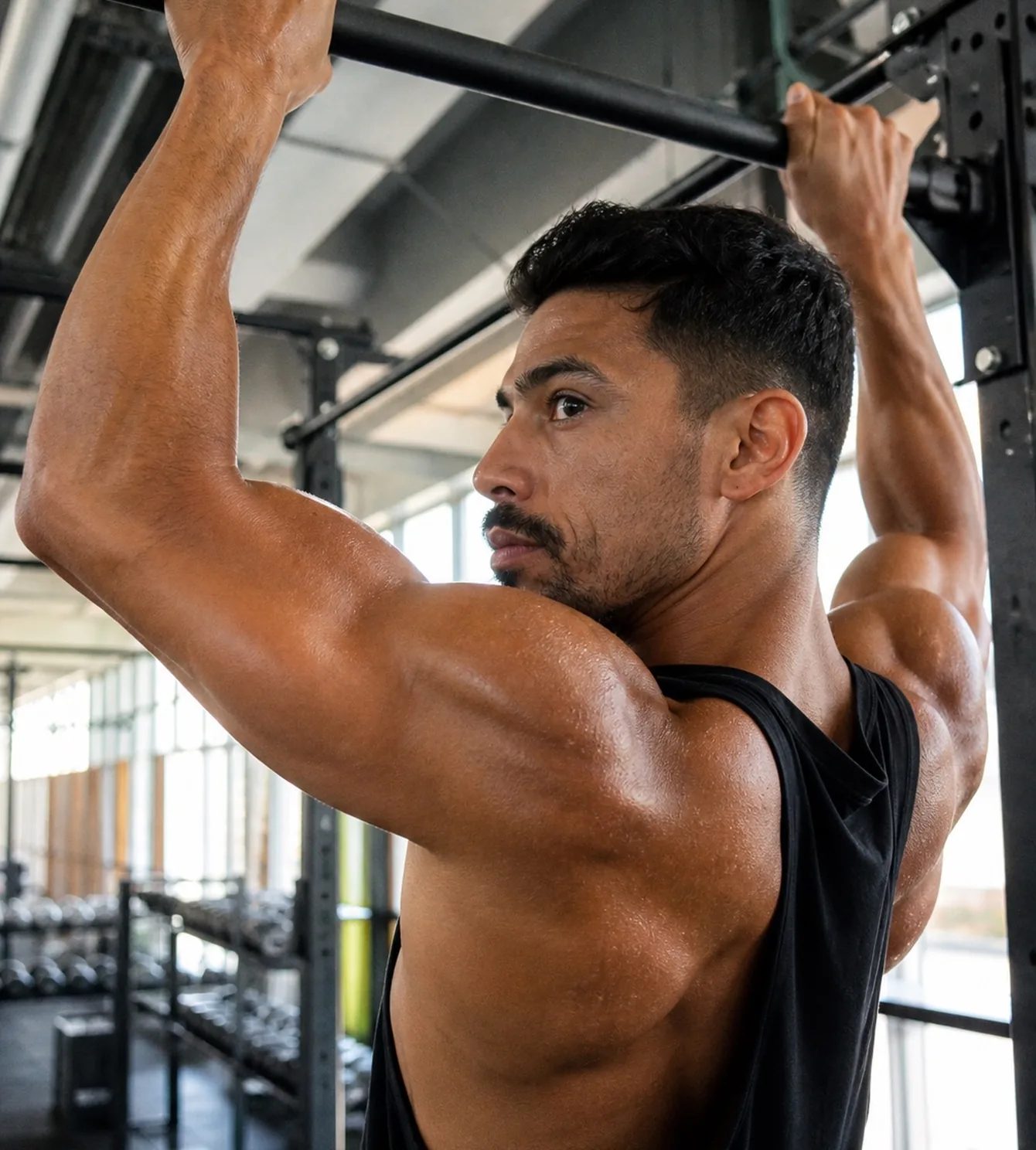 Man doing a pull-up in a gym