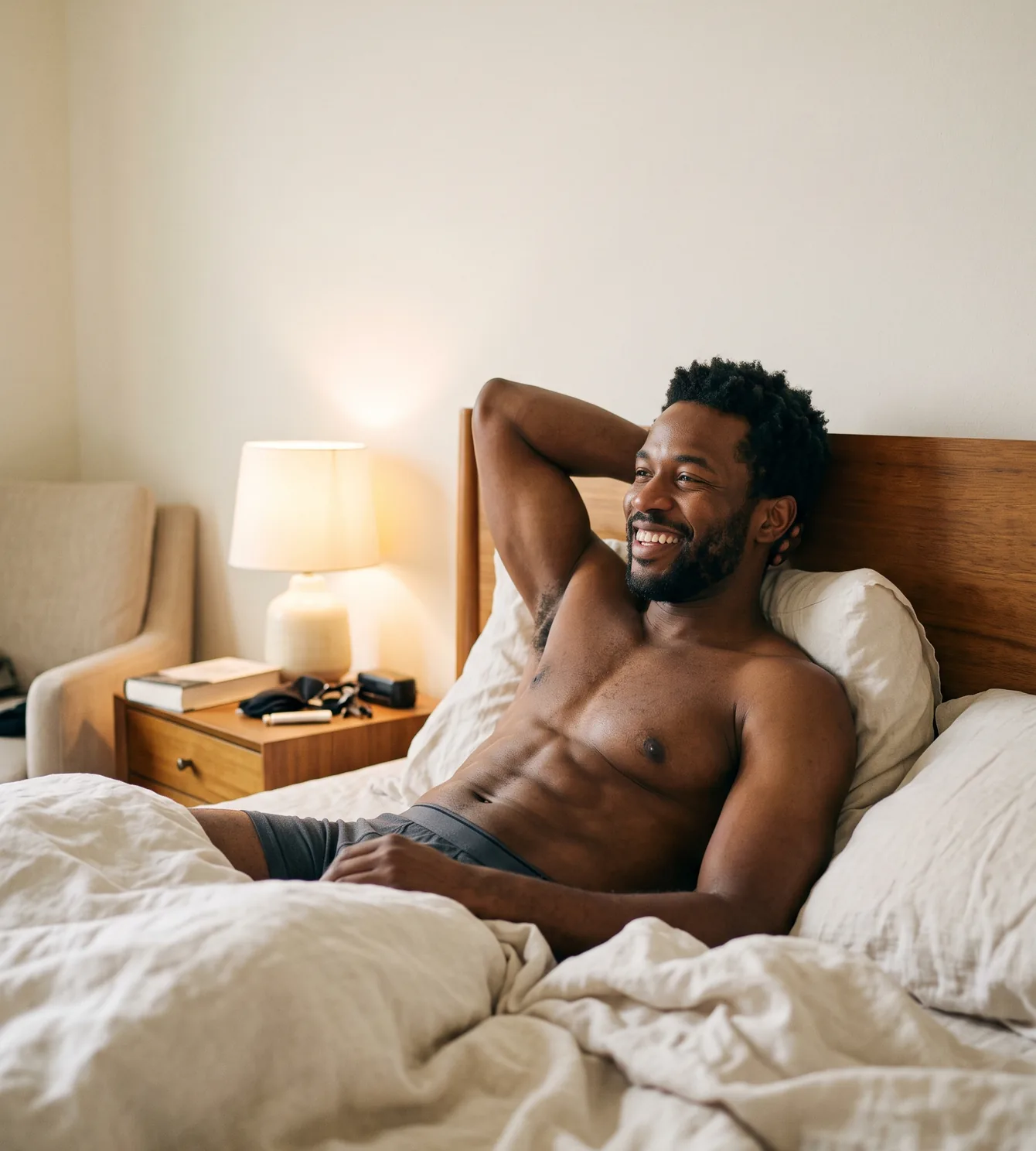 Man relaxing in bed, smiling