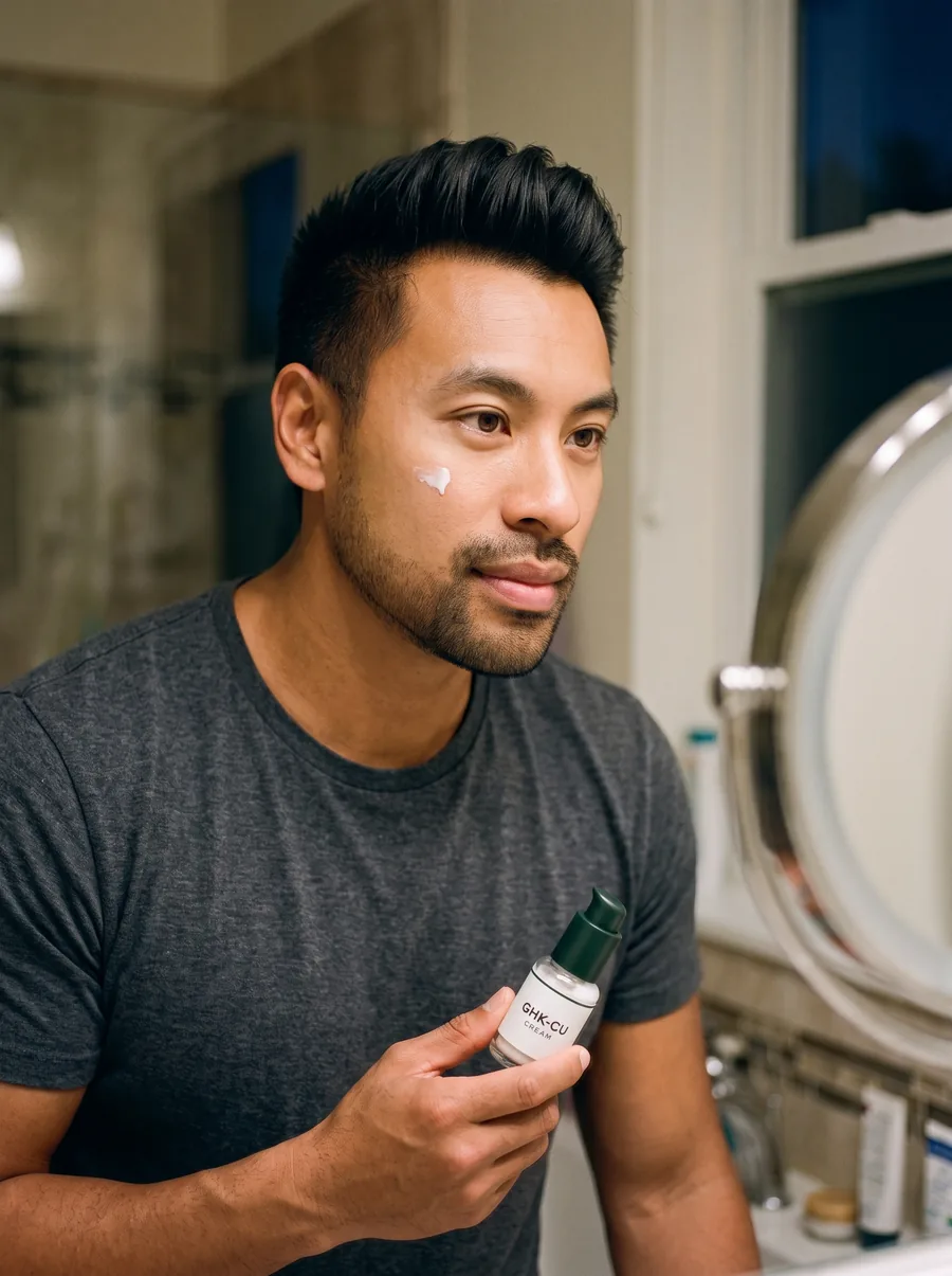Man applying GHK-Cu cream at the bathroom mirror