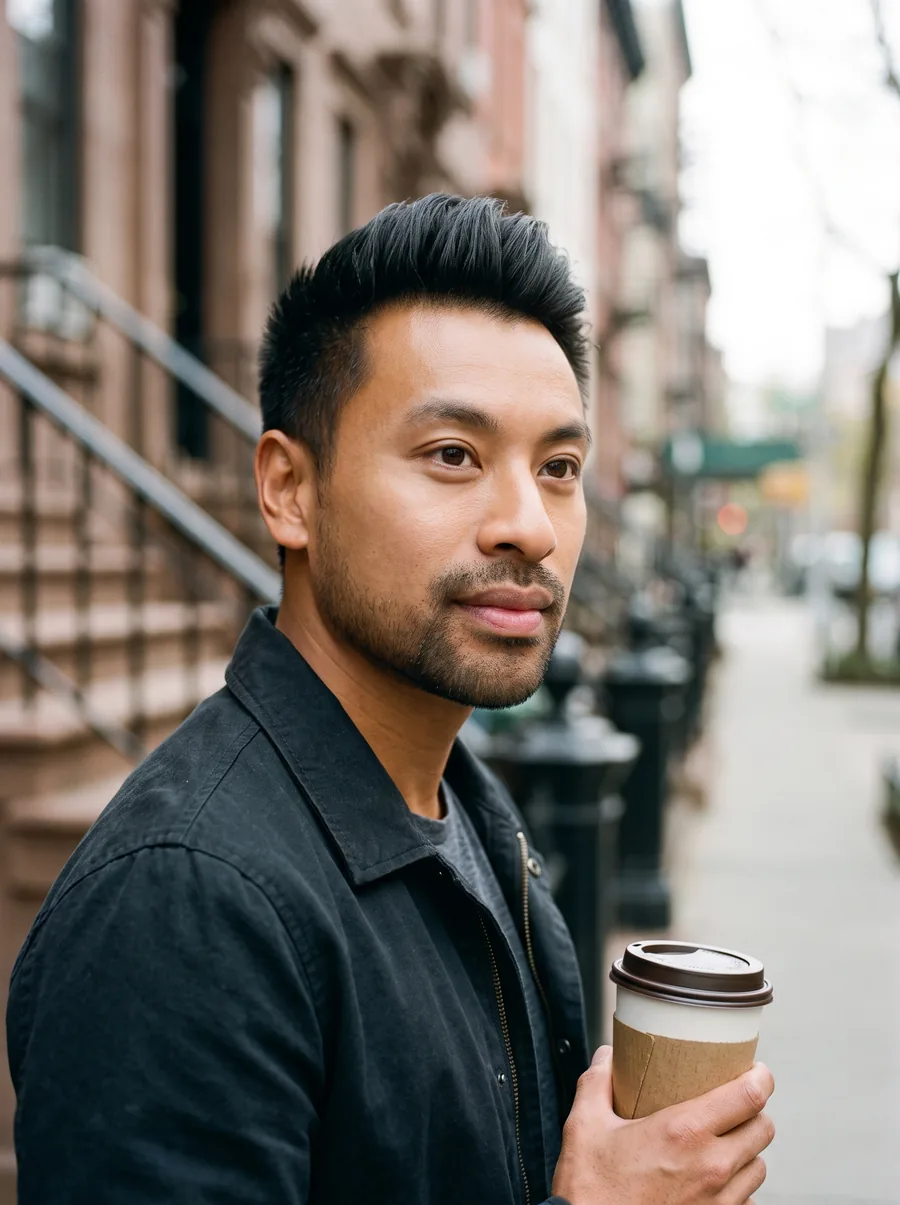 Man with a coffee on a brownstone street