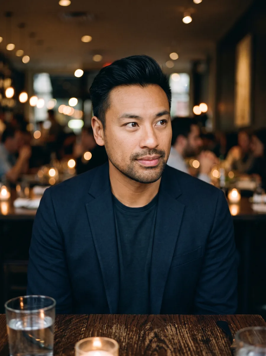 Man at a restaurant table in the evening