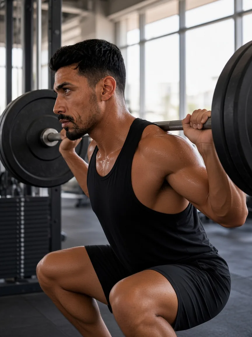 Man squatting with a barbell in a gym