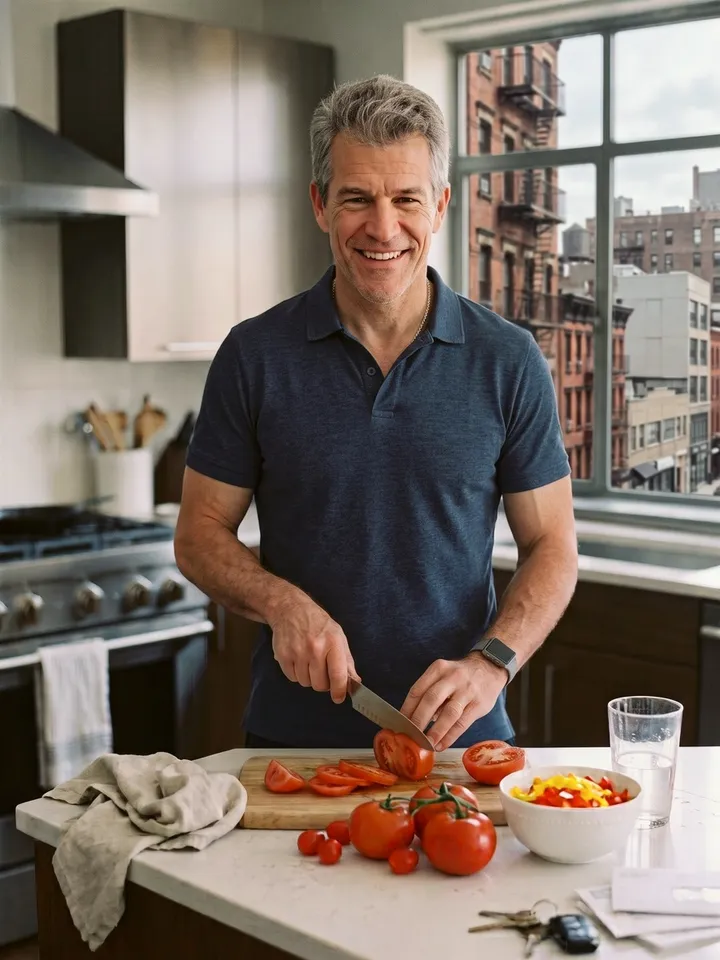Man slicing tomatoes in a city kitchen