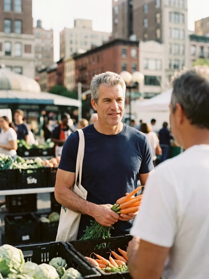 Two men talking at a farmers market
