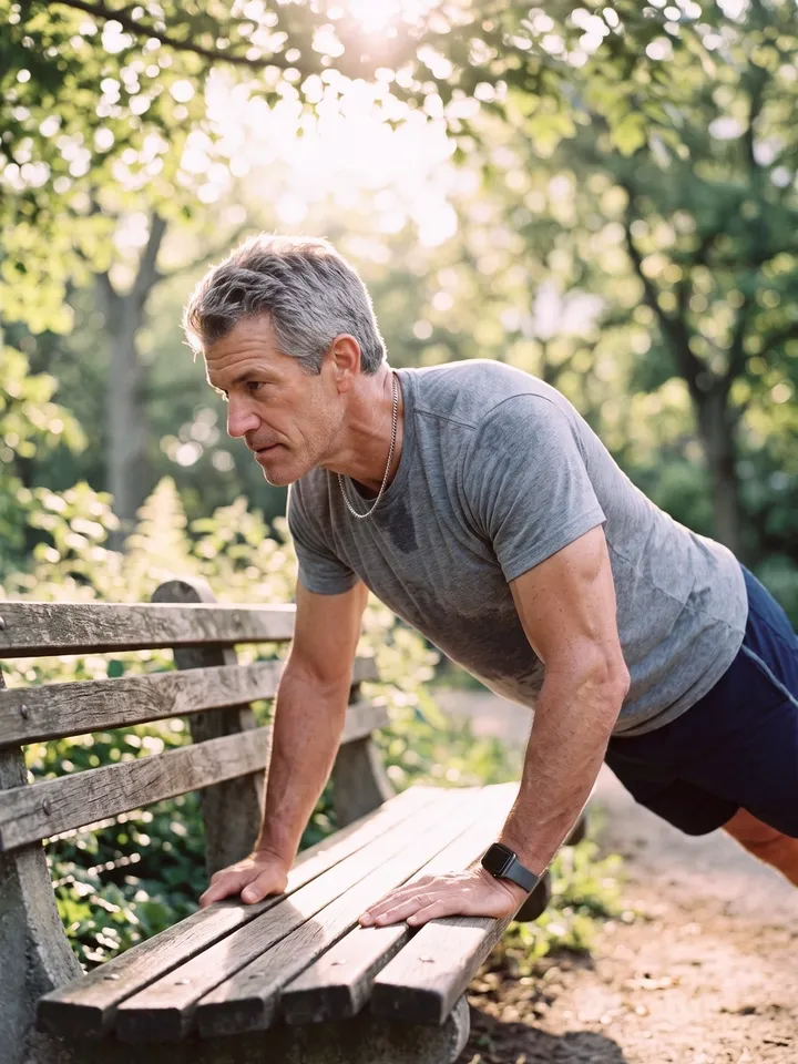 Man doing push-ups on a park bench