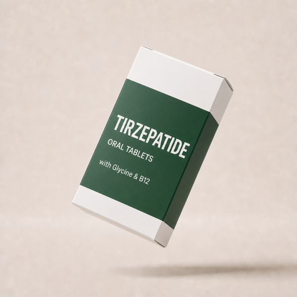 Tirzepatide oral tablets carton, Faber catalog style