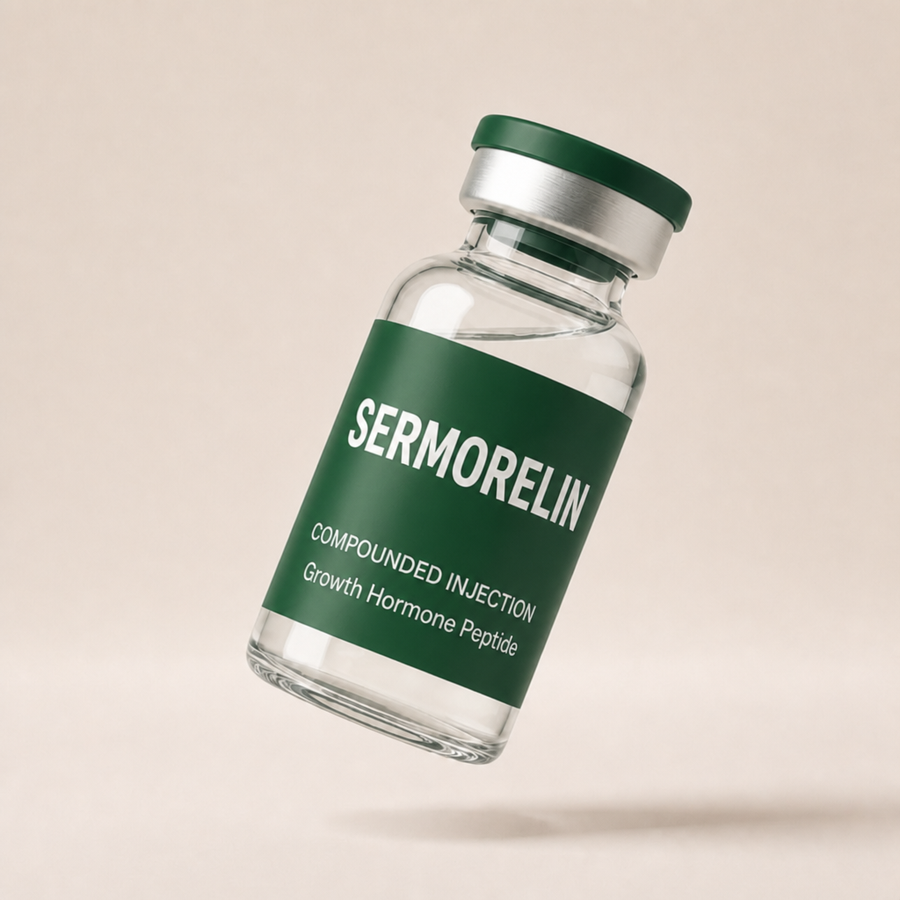 Sermorelin glass vial with forest green label