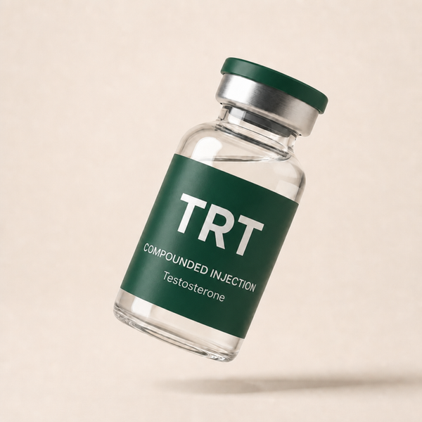 TRT glass vial with forest green label